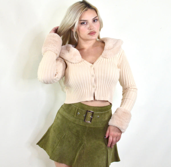 90s Style Beige Cropped Ribbed Cardigan