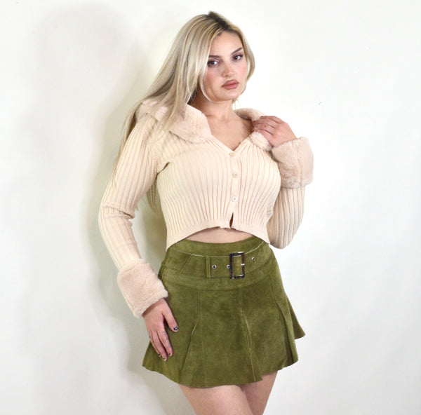 BEBE Green Suede Leather Y2K Mini Skirt
