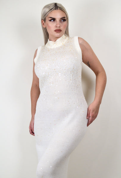 90s Eggshell Sequined Knit Maxi Dress