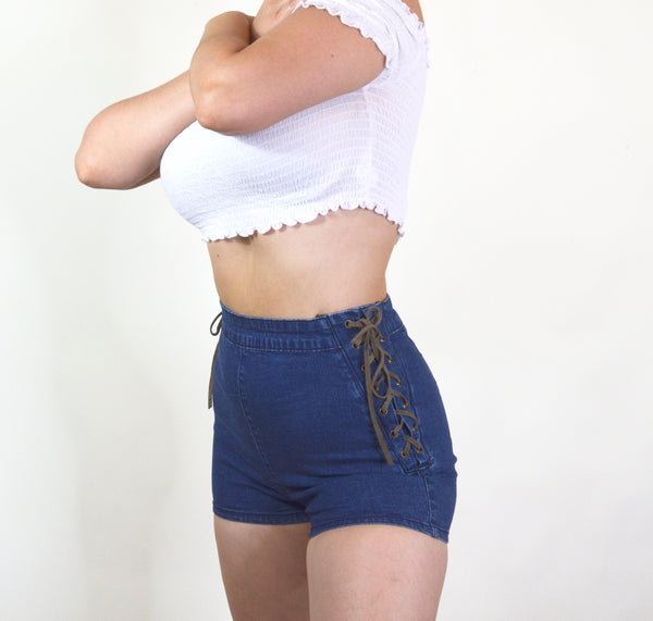 70s Style Denim Suede Lace Up High Waisted Shorts