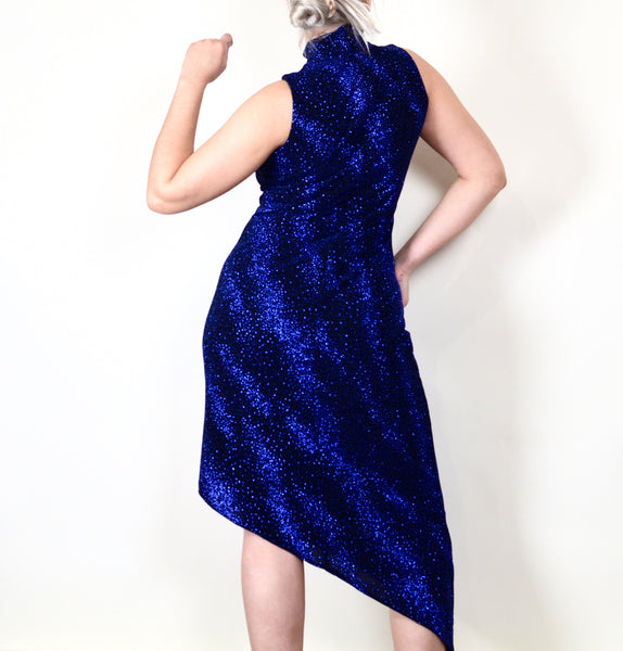 Blue Sparkly Y2K Asymmetrical Turtleneck Dress