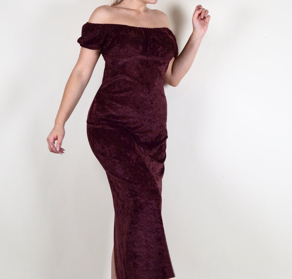 Purple Off the Shoulder Velvet Maxi Dress