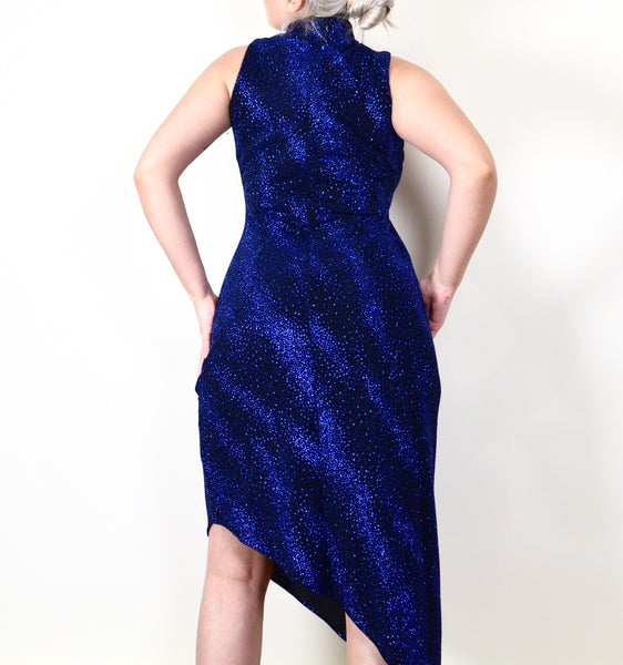 Blue Sparkly Y2K Asymmetrical Turtleneck Dress