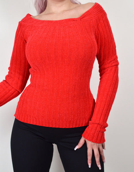 Red Off The Shoulder Soft Vintage Sweater