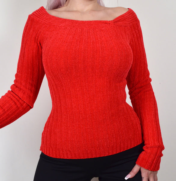 Red Off The Shoulder Soft Vintage Sweater