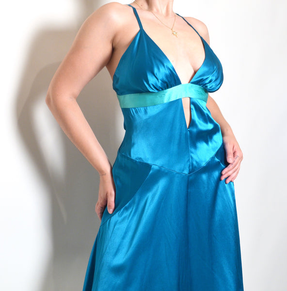 BEBE Turquoise Satin Y2K Midi Dress