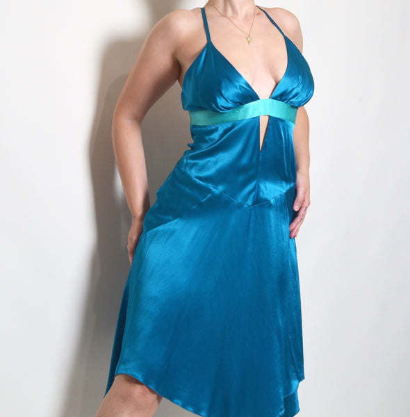 BEBE Turquoise Satin Y2K Midi Dress