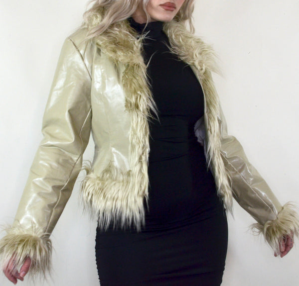 Beige Faux Leather & Fur Trim Y2K Coat