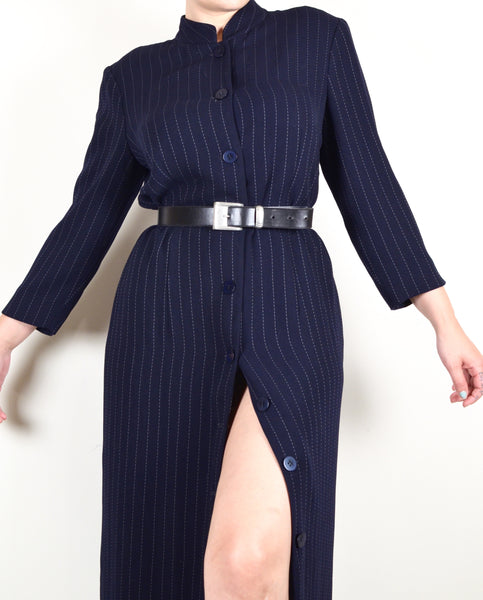 Navy Blue Striped Vintage Button Down Maxi Dress