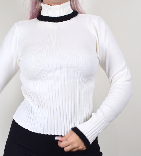 White & Black Half Ribbed Sweater