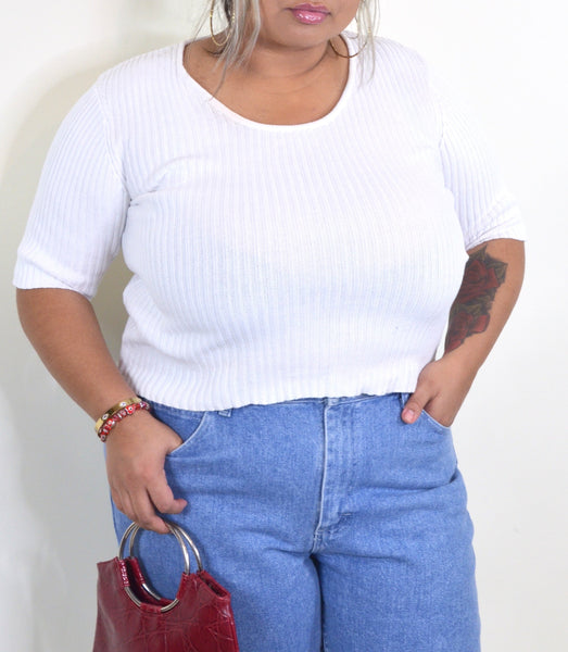 90s Style White Ribbed Cropped Top