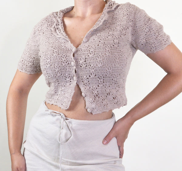 90s Light Brown Crochet Cropped Button Up