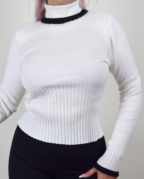 White & Black Half Ribbed Sweater