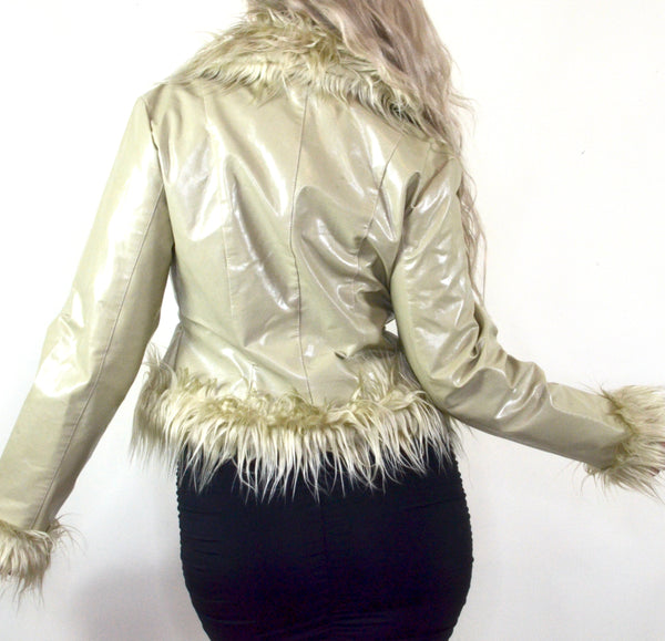 Beige Faux Leather & Fur Trim Y2K Coat