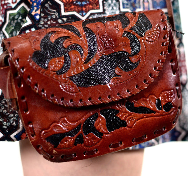 70s Style Vintage Carved Wood Style Leather Shoulder Bag