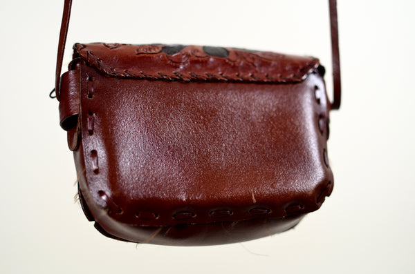 70s Style Vintage Carved Wood Style Leather Shoulder Bag