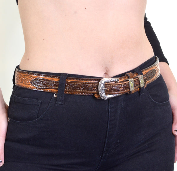 70s Style Vintage Leather Carved Belt