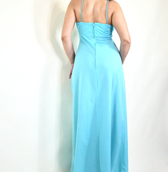 70s Style Blue Maxi Prom Dress