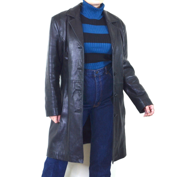 Black Leather 90s Does 70s Style Vintage Trench Coat
