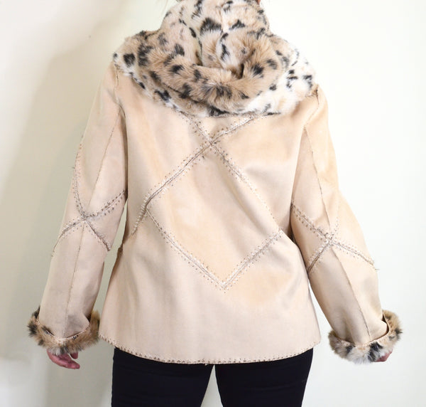 Faux Suede & Cheetah Print Fur Trim Jacket