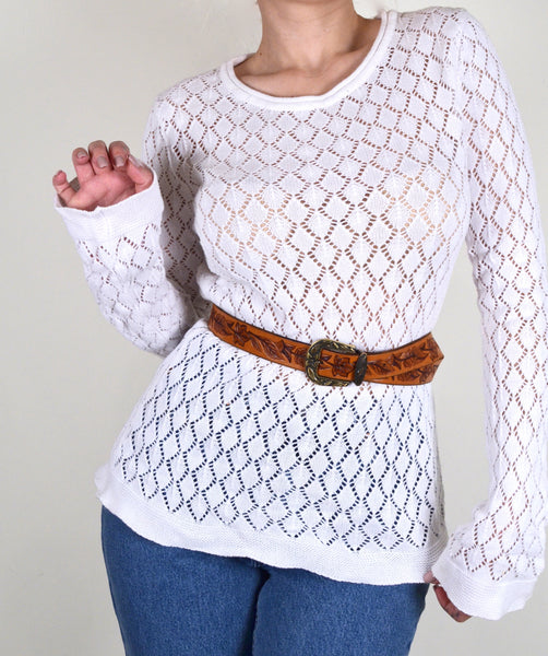 70s Style White Knit Sweater (M)