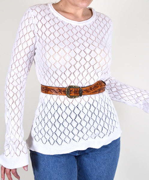 70s Style White Knit Sweater (M)