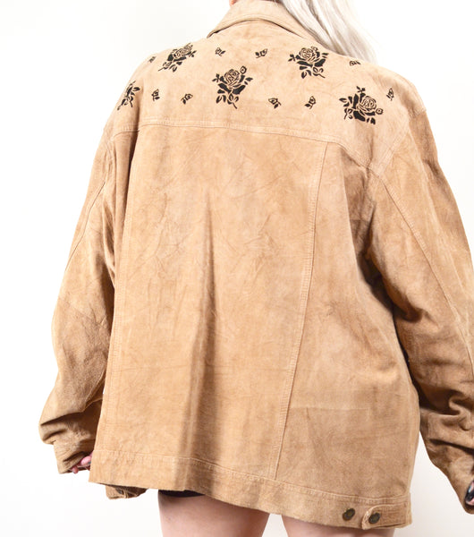 Rose Printed Vintage Suede Jacket (XXL)