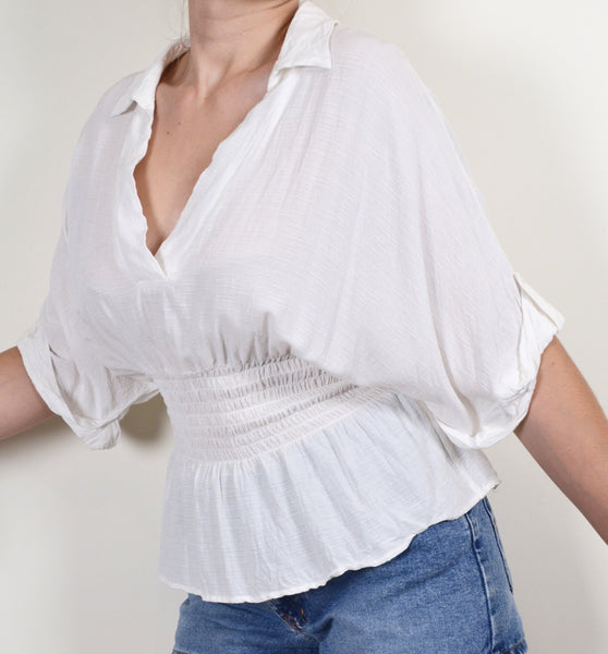 White Boho Style Collared Top