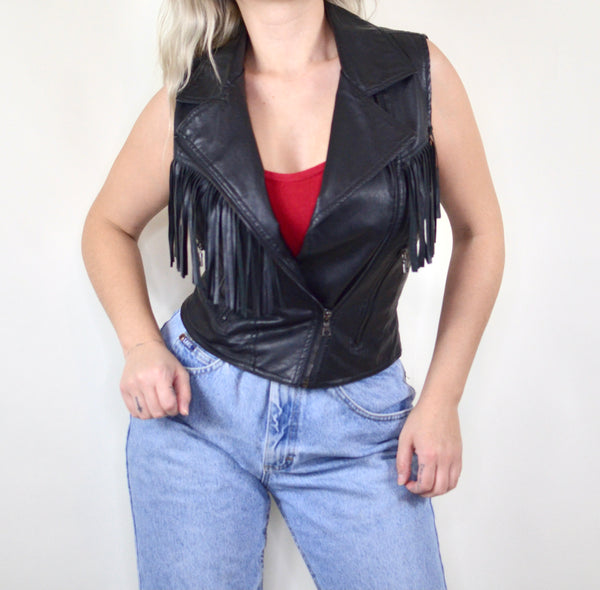 Black Faux Leather Fringe Vest