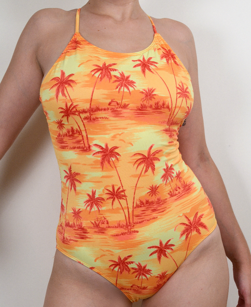 Orange Palm Tree Print One Piece Swimsuit