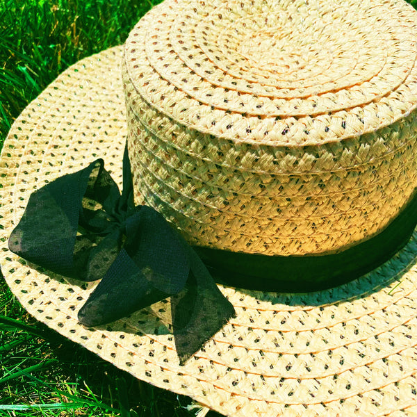 Light Wash Wicker & Bow Vintage Hat