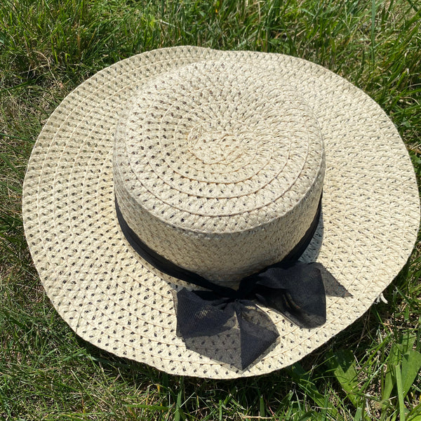 Light Wash Wicker & Bow Vintage Hat