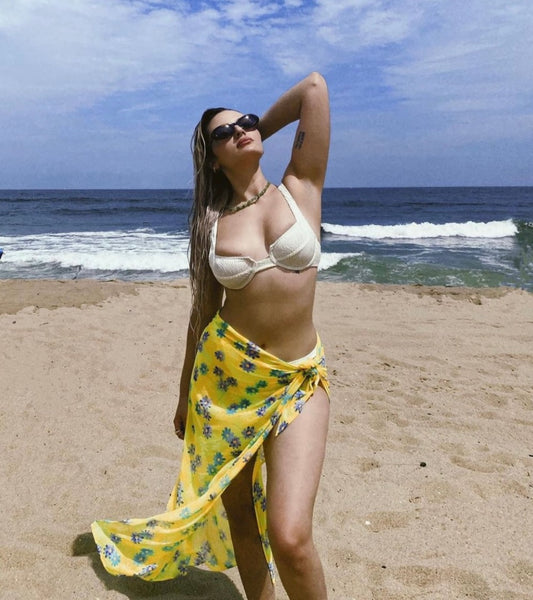 90s Yellow Floral Mesh Beach Cover Up Sarong