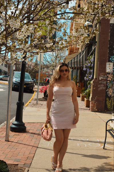 90s Baby Pink Floral Embroidered Dress